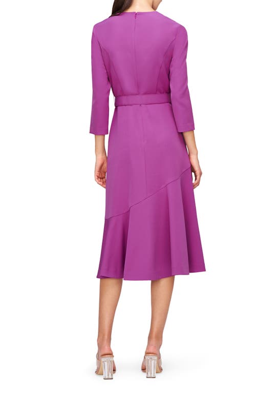 Shop Kay Unger Polly Belted Three-quarter Sleeve Stretch Midi Dress In Cerise