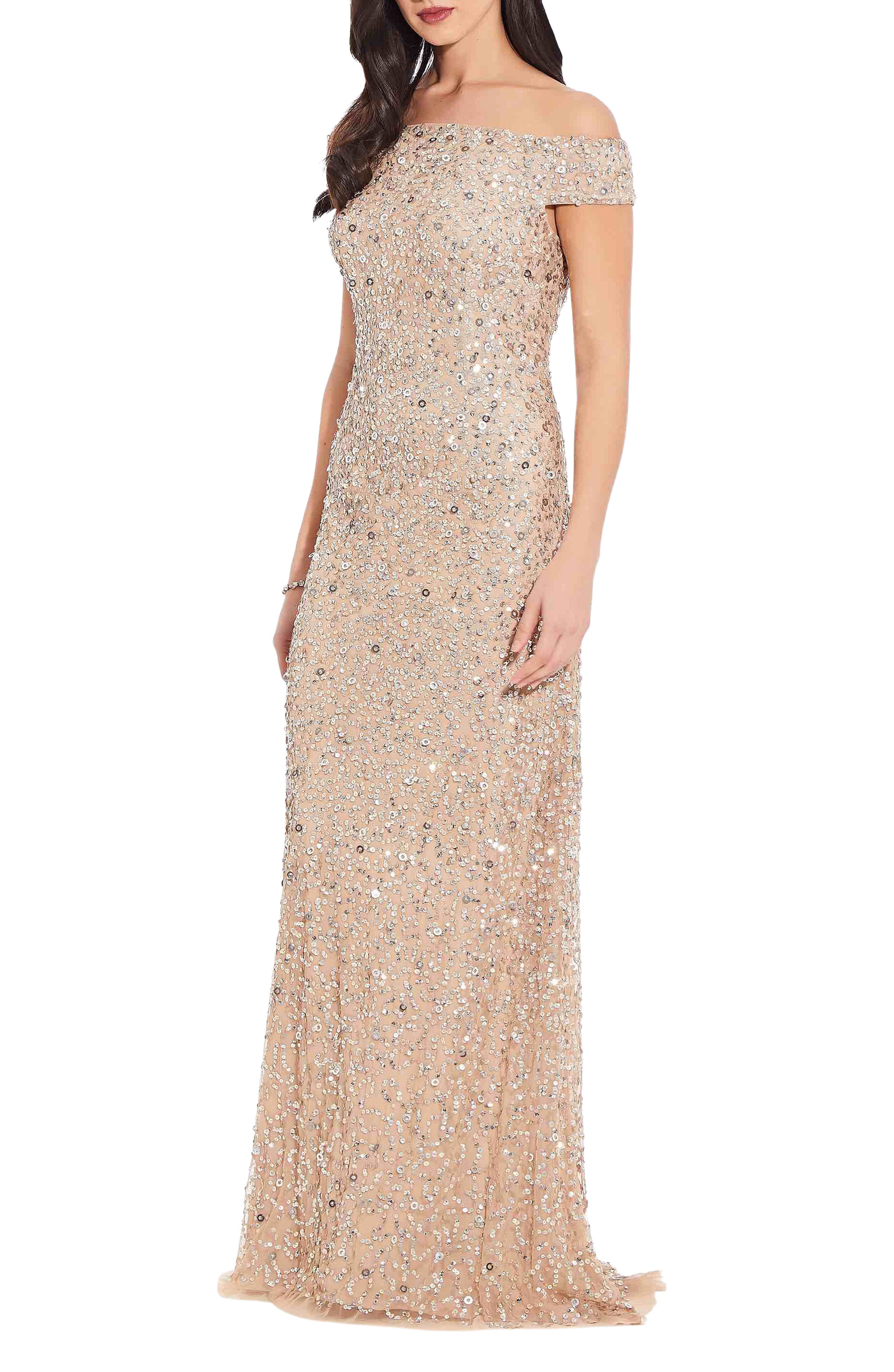 Adrianna Papell Sequin Mesh Gown in Champagne Smart Closet