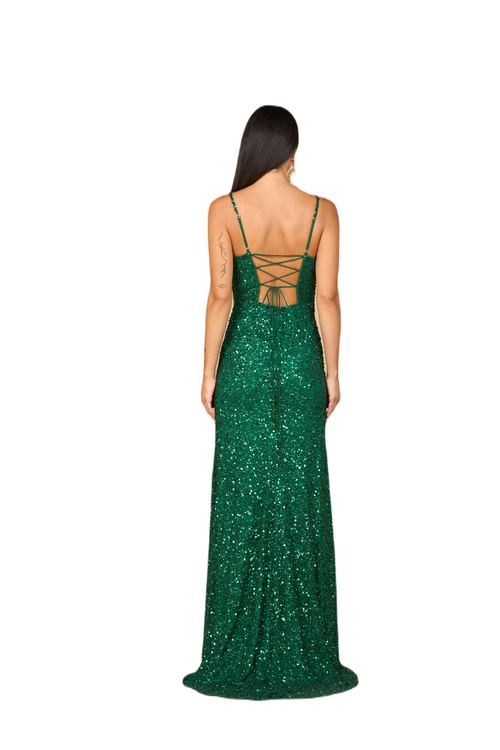 Lara New York Beaded V Neck Dress With Slit In Green