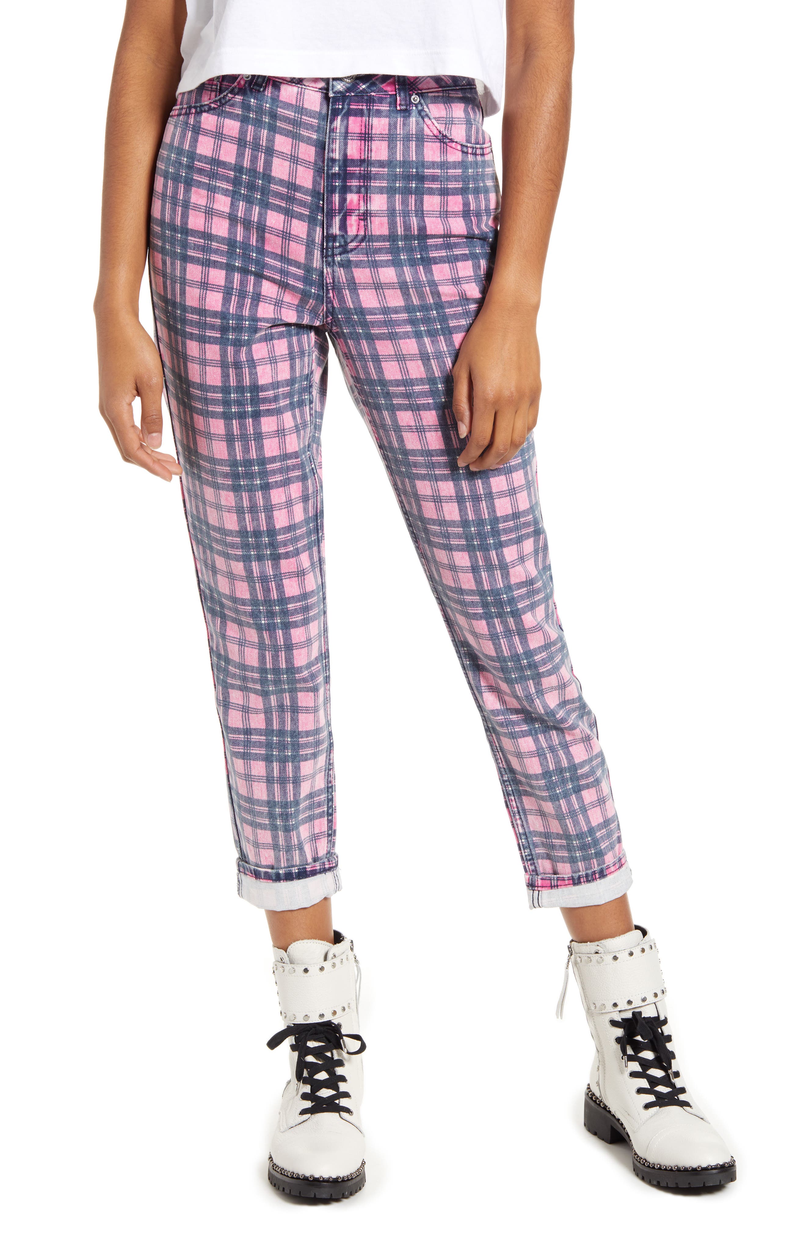 Topshop Check Mom Jeans In Pink Multi 