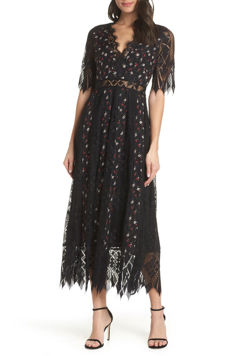 Foxiedox Josefine Lace & Clip Dot Tea Length Dress | Nordstrom