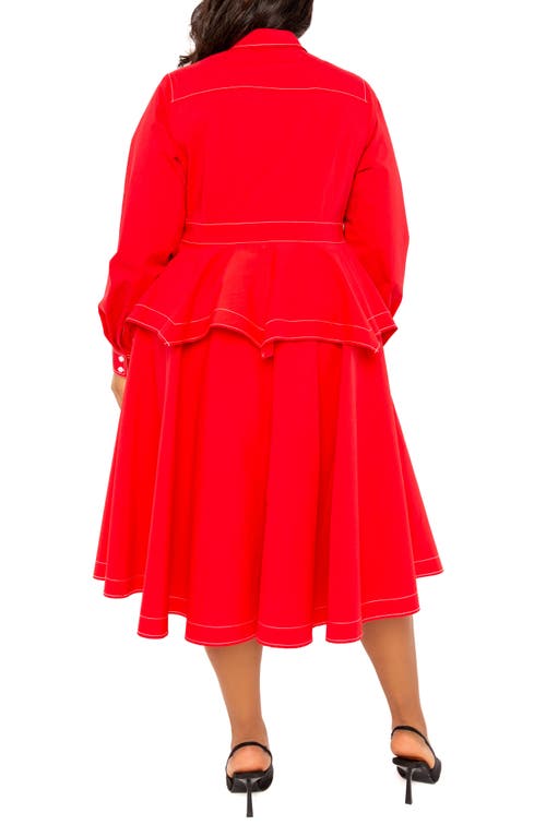 Shop Buxom Couture Topstitched Long Sleeve Peplum Shirtdress In Red