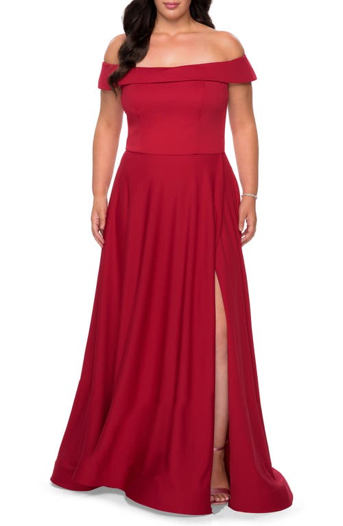 La Femme Off the Shoulder Foldover Neckline Gown in Red