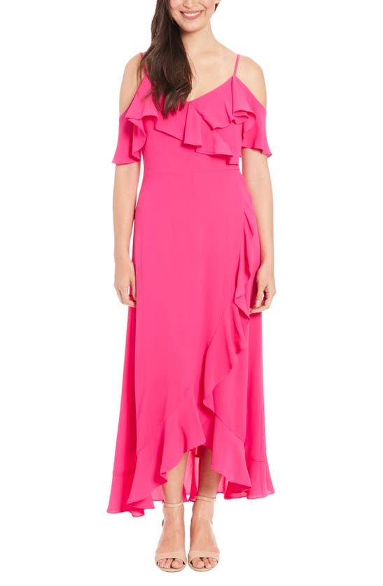 London Times Cold Shoulder Ruffle Maxi Dress In Bright Pink