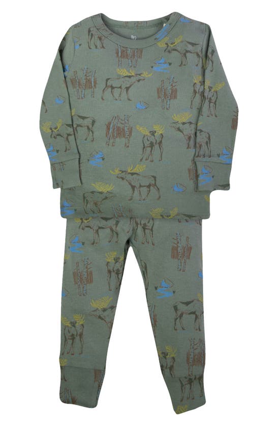 Oliver & Rain Babies' Moose Print Fitted Two-piece Organic Cotton Pajamas In Sage