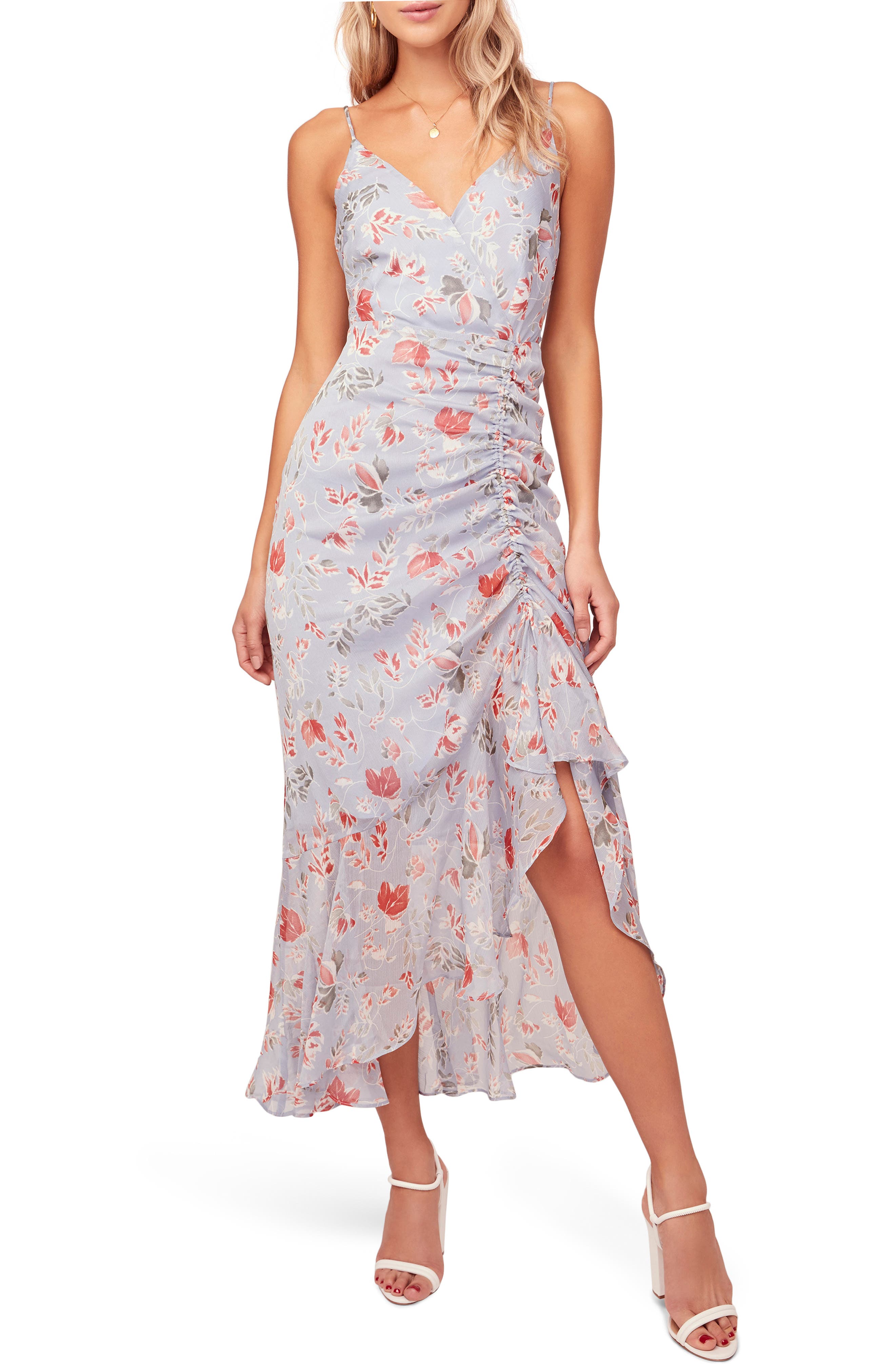 Astr The Label Mariah Ruched Floral Print Midi Dress, Blue