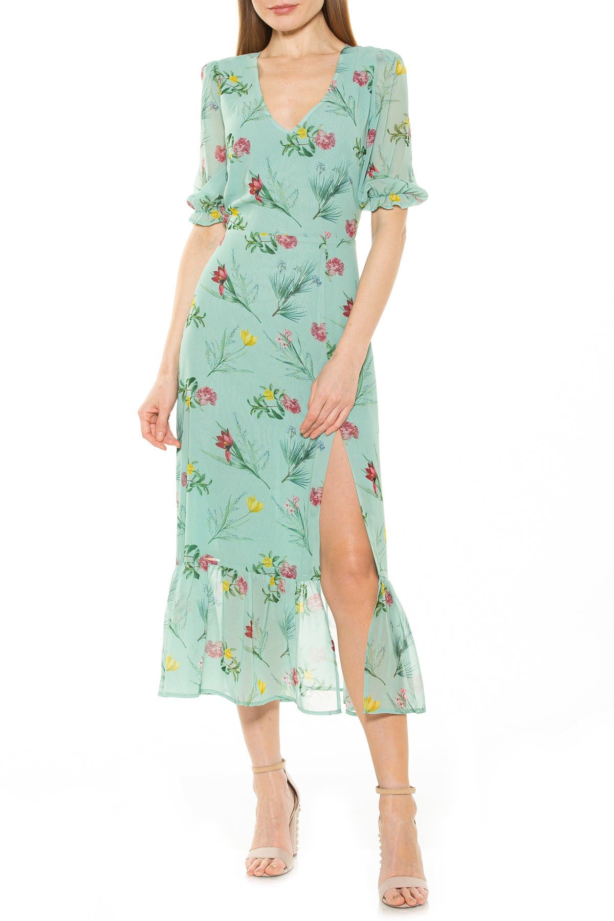 Alexia Admor Tinsley V-neck Side Slit Ruffle Dress In Mint Floral