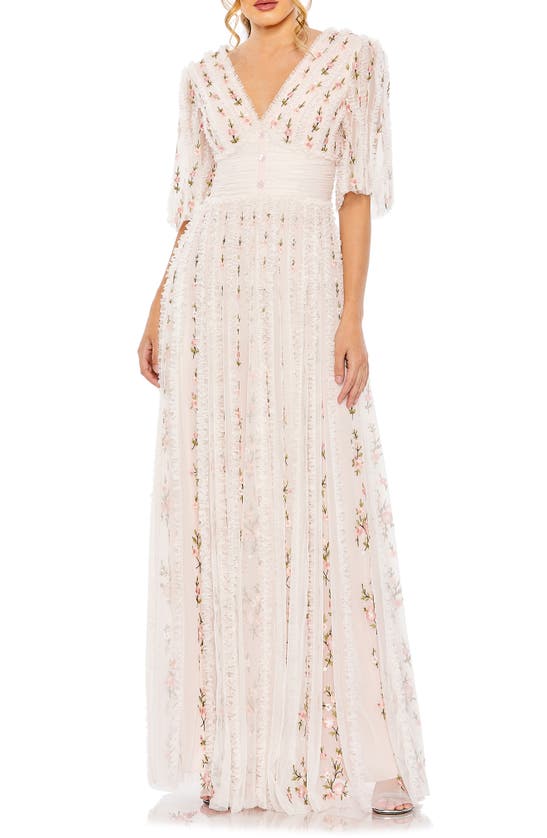 Mac Duggal Floral Ruffle A-line Gown In Blush Multi