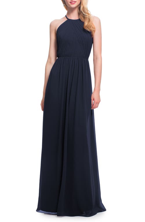 #Levkoff Halter Neck Chiffon A-Line Gown in Navy