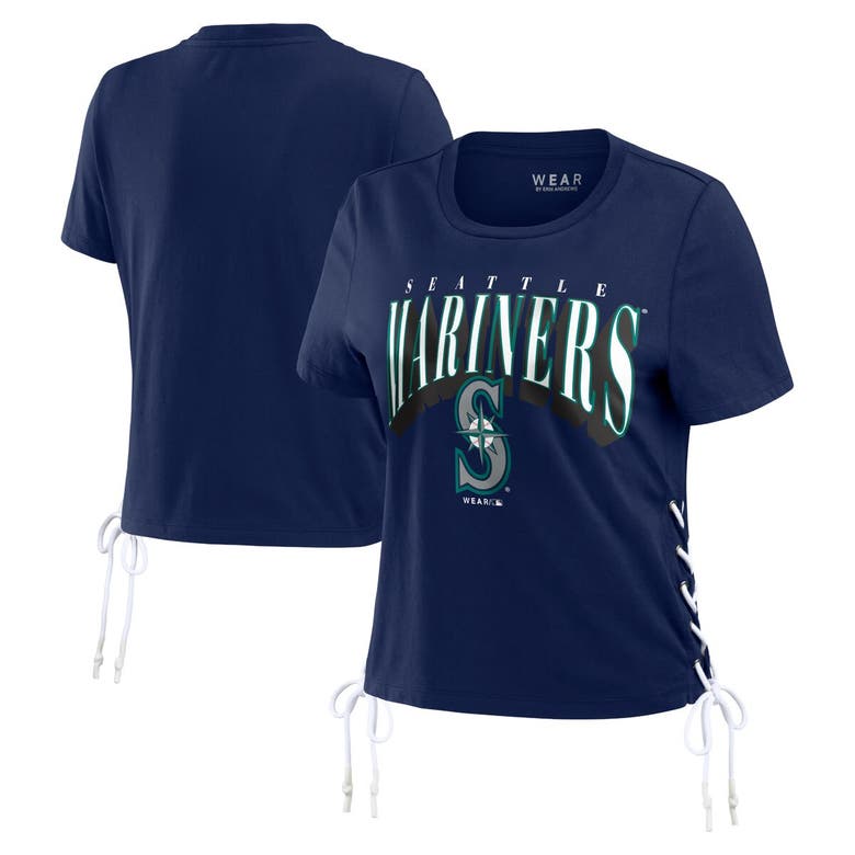 Shop Wear By Erin Andrews Navy Seattle Mariners Side Lace-up Cropped T-shirt