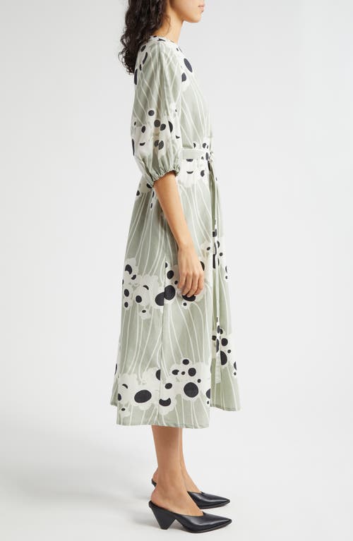 Shop Marimekko Aiva Lammet Belted Midi Dress In Greyish Green White Dk Grey