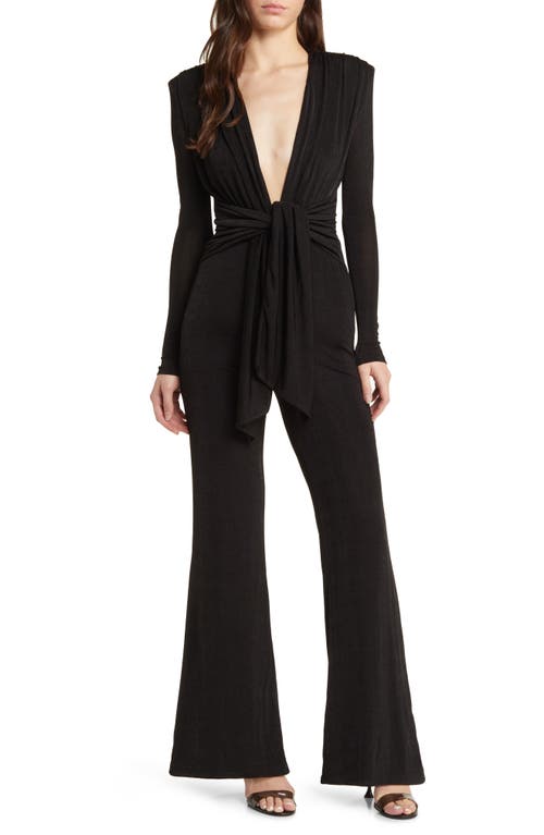 Thelka Knot Detail Plunge Long Sleeve Flare Jumpsuit in Black Nord Exclusive