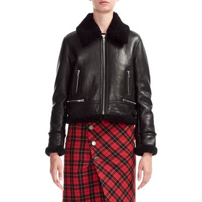 Maje Bartonfink Lambskin Leather Biker Jacket With Genuine Shearling Trim, US / 40 FR - Black