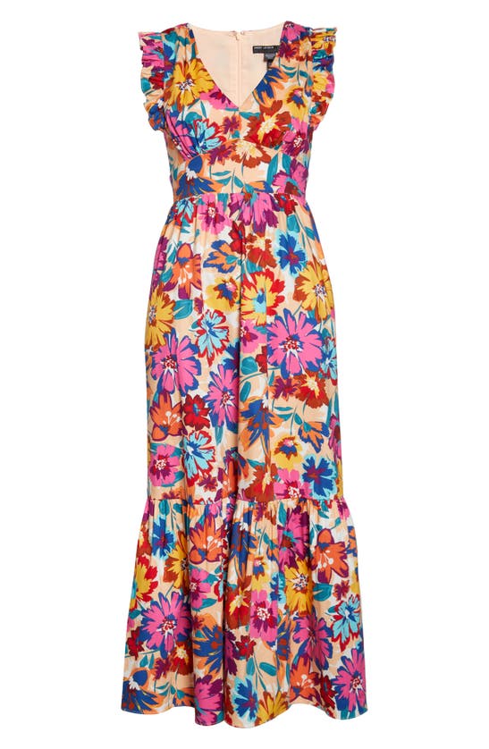 MAGGY LONDON V-NECK RUFFLE SLEEVE FLORAL PRINT STRETCH COTTON MAXI DRESS