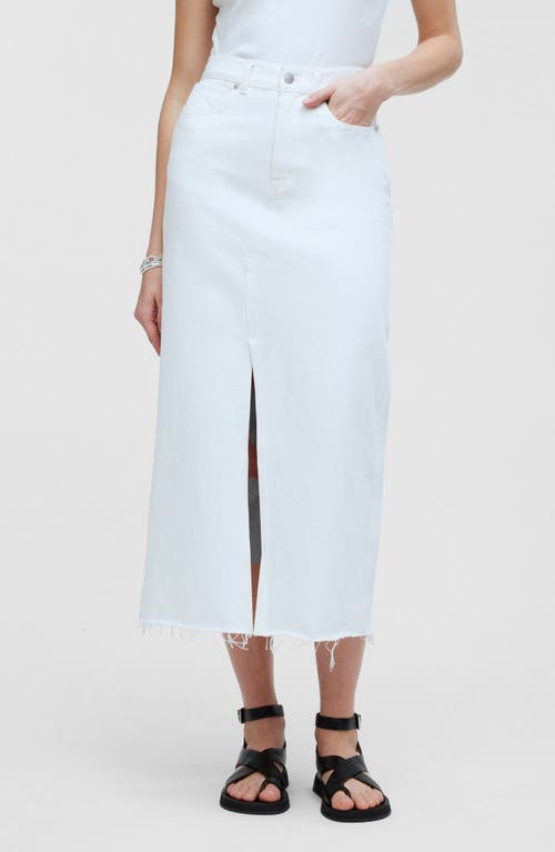 The Rilee Raw Hem Denim Midi Skirt in Tile White