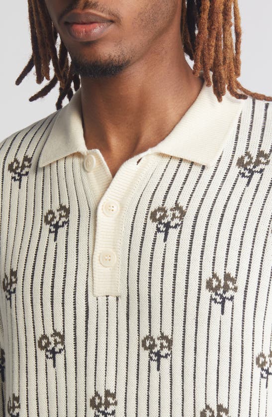 Shop Percival Picnic Floral Jacquard Long Sleeve Cotton Polo Sweater In Ecru