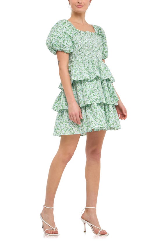Free The Roses Crinkled Floral Linen Smocked Tiered Mini Dress In Green