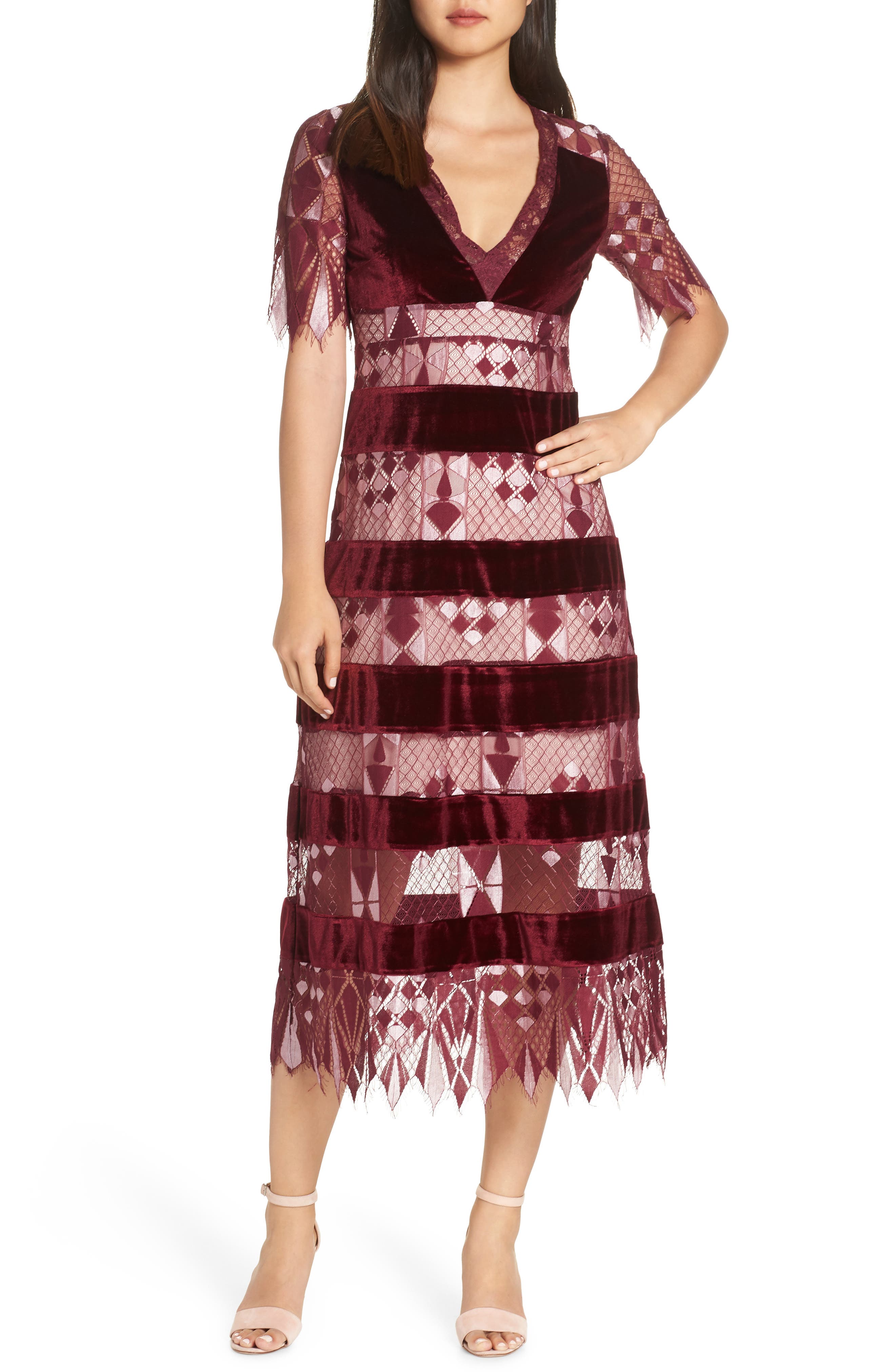 burgundy velvet lace panel midi dress