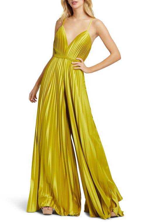 Pleated Satin Wide Leg Jumpsuit in Chartreuse