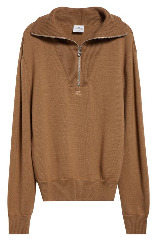 Shop Courrèges Trucker Ac Logo Oversize Merino Wool Blend Half Zip Sweater In Toffee