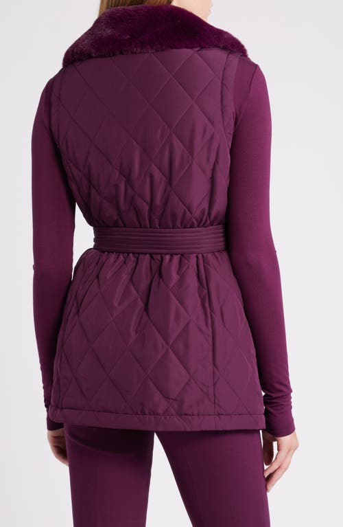 Shop Anne Klein Belted Zip Front Quilted Vest With Faux Fur Collar In Deep Plum