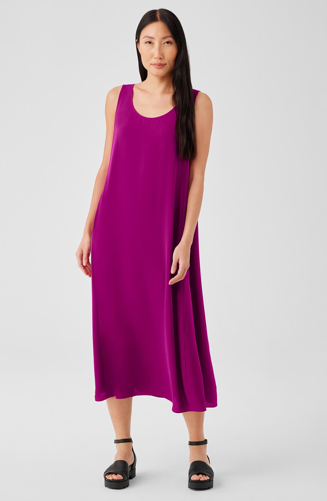 Eileen Fisher Scoop Neck Silk Georgette Midi Dress in Rhapsody | Smart  Closet