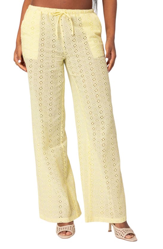 Shop Edikted Lemon Eyelet Embroidered Cotton Drawstring Pants In Yellow