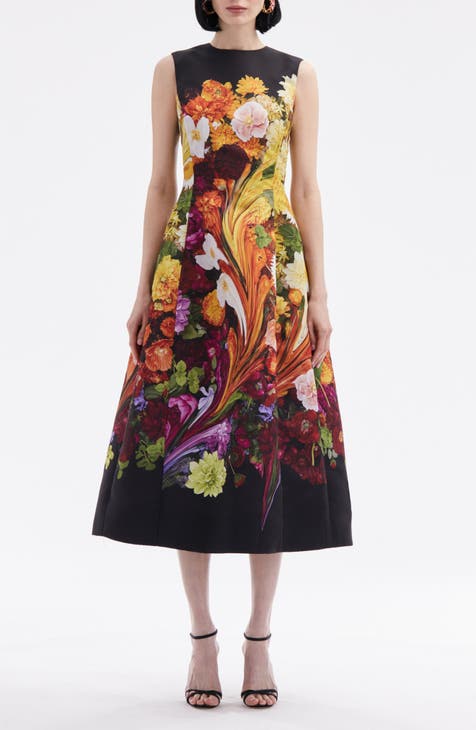 Rainbow Flower Marble Print Faille Midi Cocktail Dress