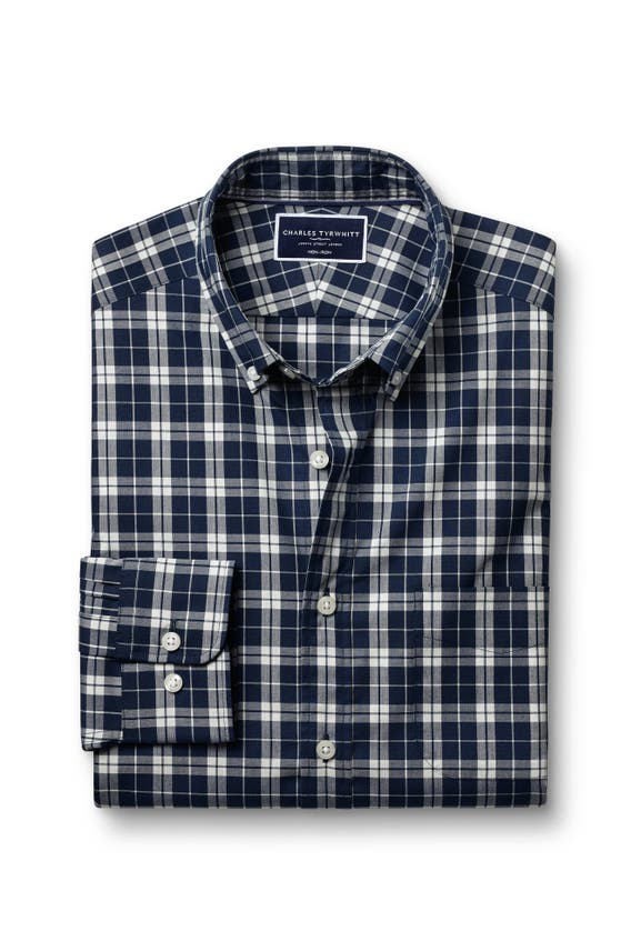 Shop Charles Tyrwhitt Slim Fit Button-down Collar Non-iron Stretch Poplin Check Shirt In Blue