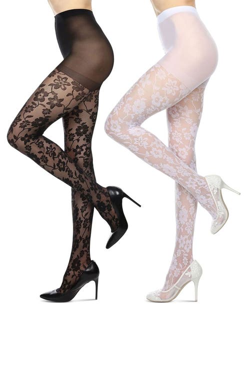 MeMoi Floral Assorted 2-Pack Sheer Tights Black-White at Nordstrom,