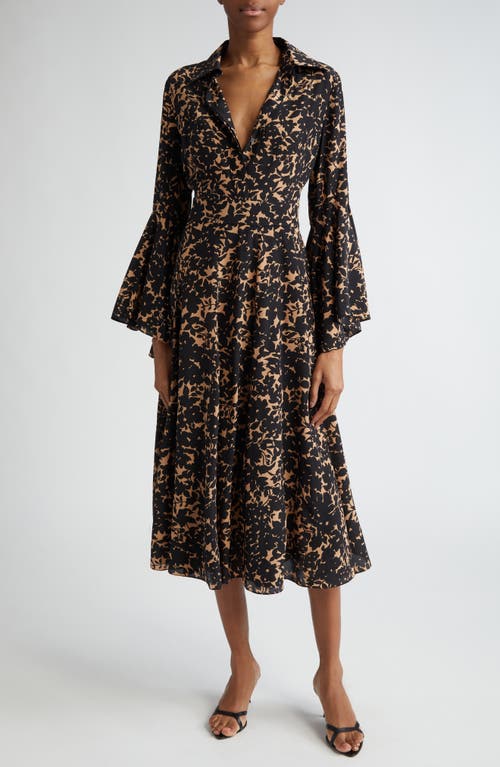 Michael Kors Collection Floral Print Flare Cuff Silk Crêpe De Chine Shirtdress In Suntan/black