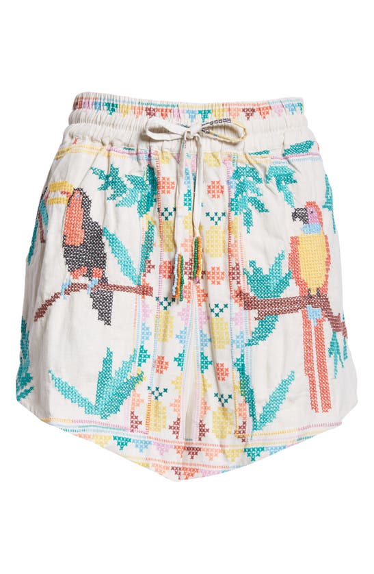 Shop Farm Rio Stitched Birds Pull-on Linen Blend Shorts In Stitched Birds Scarf Off-white