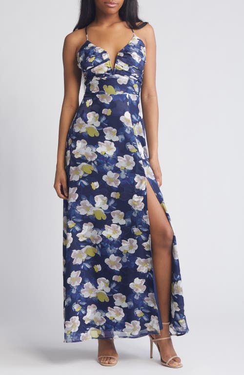 Lulus Pretty Perspective Floral Maxi Dress In Navy Blue/white/mauve