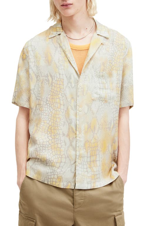 AllSaints Skrale Snake Print Convertible Collar Camp Shirt Amber Yellow at Nordstrom,