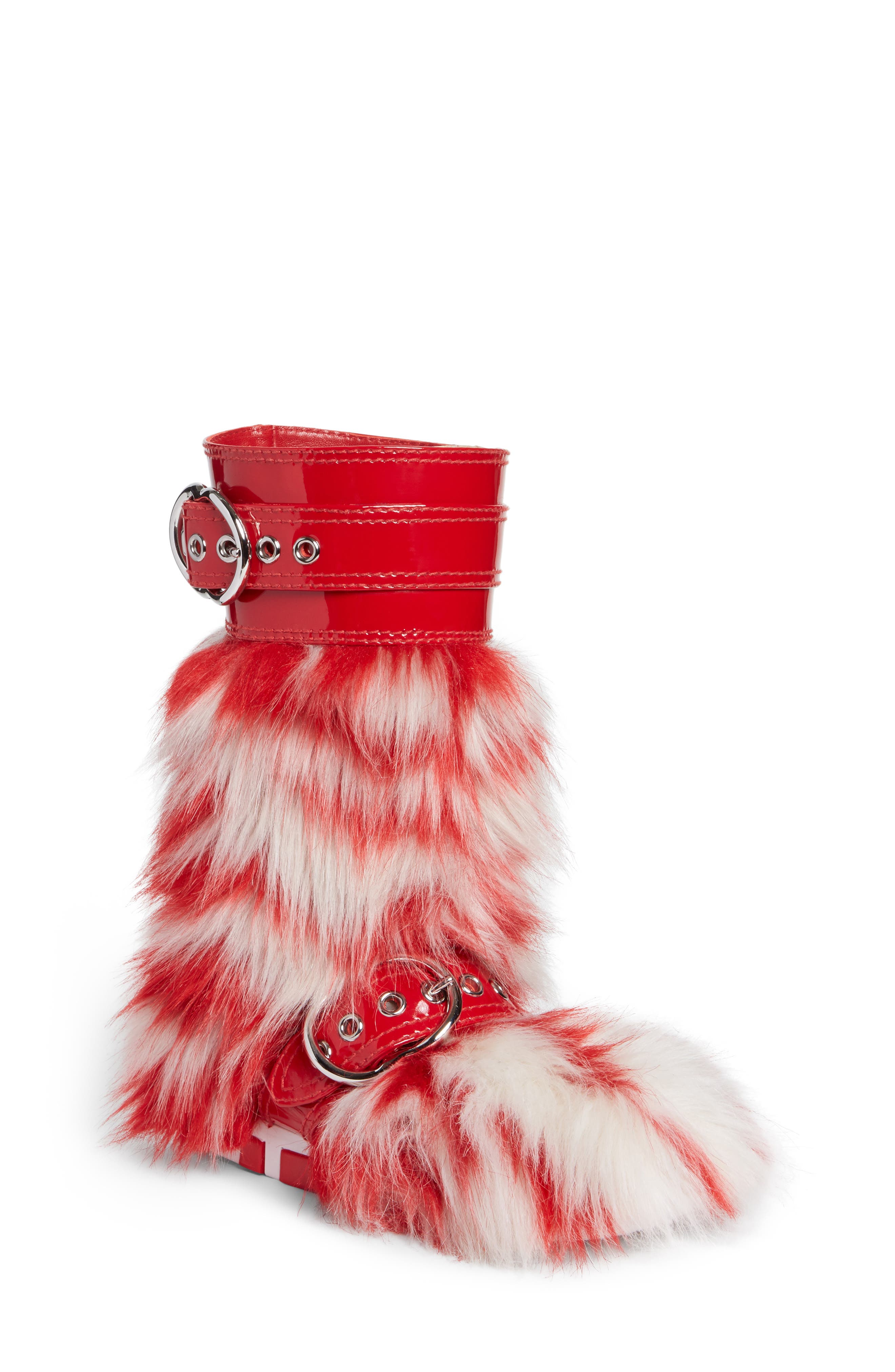red fluffy boots