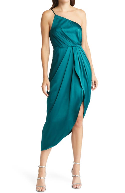 Lulus Law of Attraction On-Shoulder Satin Cocktail Dress in Emerald Green