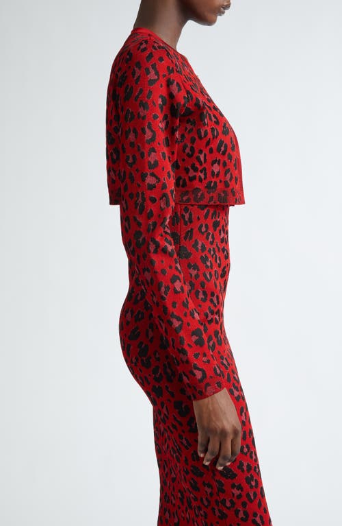 Shop Versace Animalier Leopard Jacquard Crop Cardigan In Lipstick Red