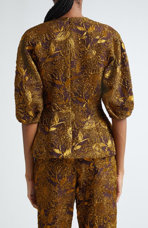 Shop Lela Rose Floral Peplum Top In Chestnut/gold