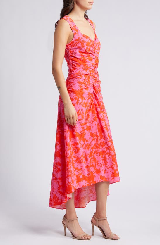Shop Chelsea28 Ruched High-low Midi Dress In Orange/ Pink Branches