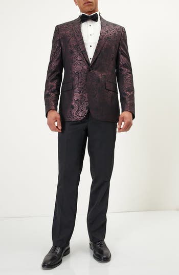 Ron Tomson Metallic Paisley Pattern Tuxedo Jacket In Burgundy