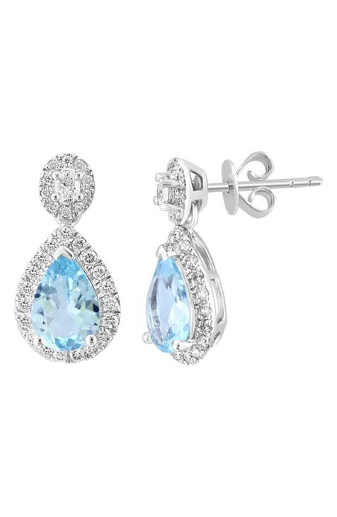 14K White Gold Diamond & Aquamarine Drop Earrings - 0.57 ctw