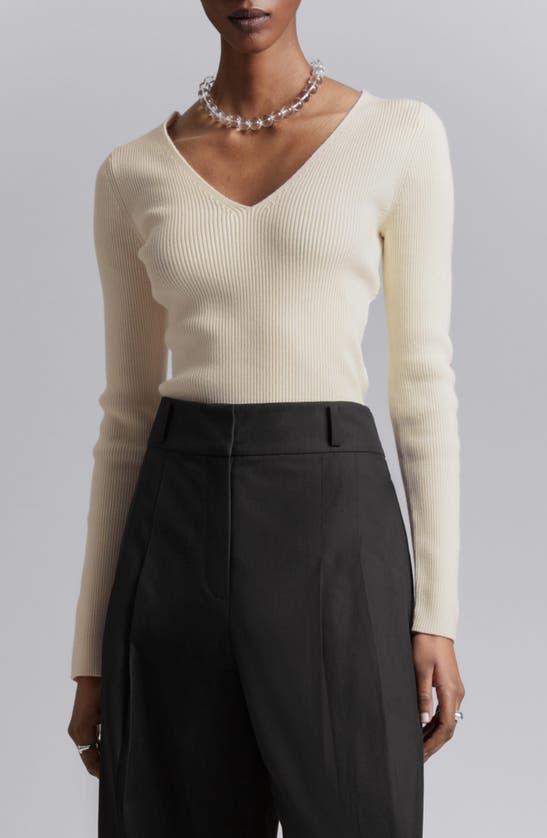 Shop & Other Stories V-neck Rib Wool Blend Sweater In White Dusty Light