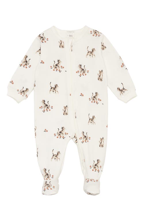 FIRSTS by Petit Lem Kittens Stretch Organic Cotton Footie in White at Nordstrom, Size 0-3M