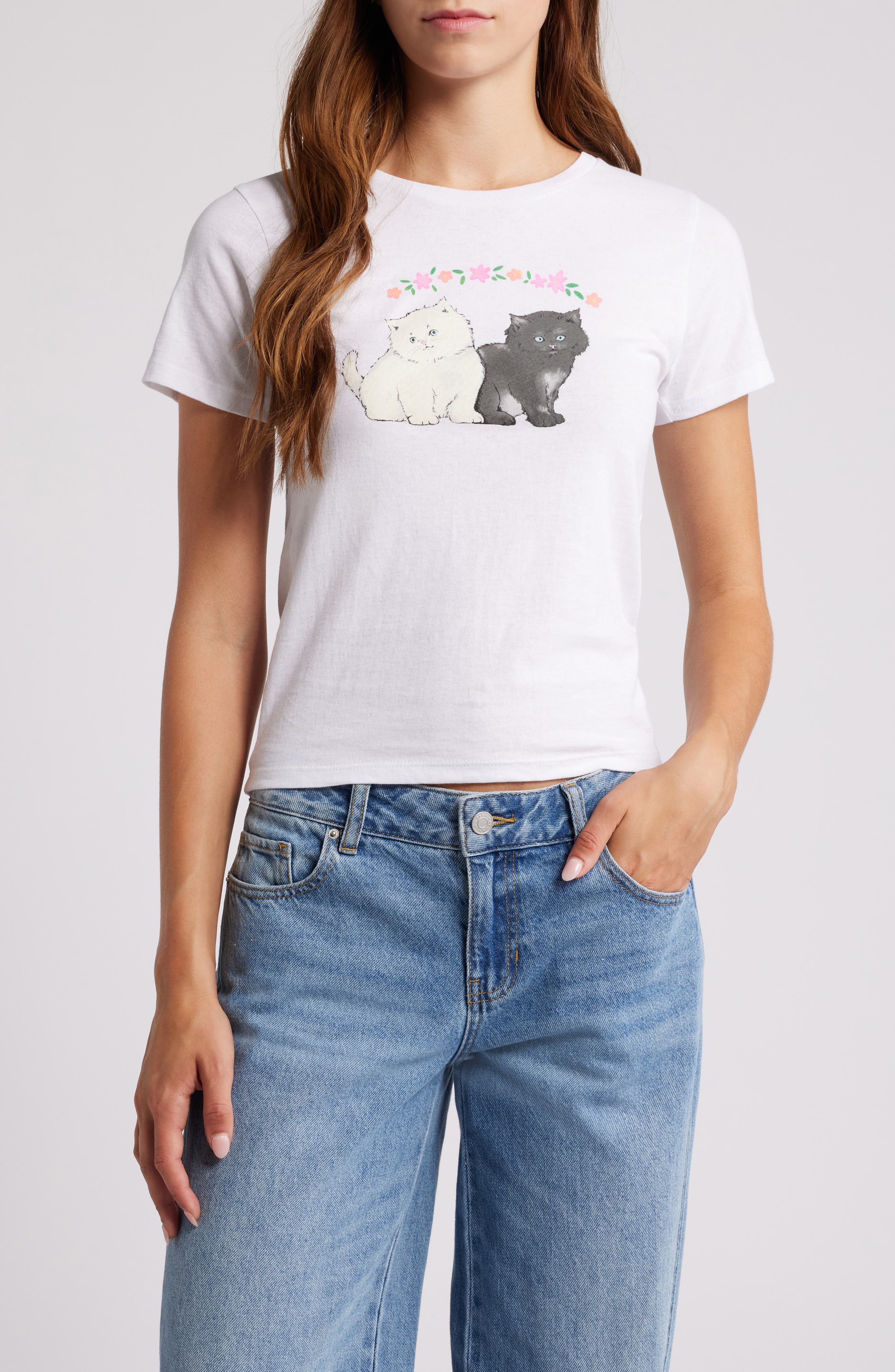 GOLDEN HOUR Kittens Cotton Graphic T-Shirt in White 