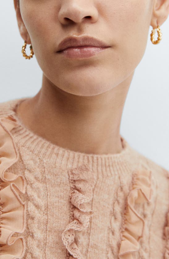Mango Ruffle Crop Cable Sweater In Pink