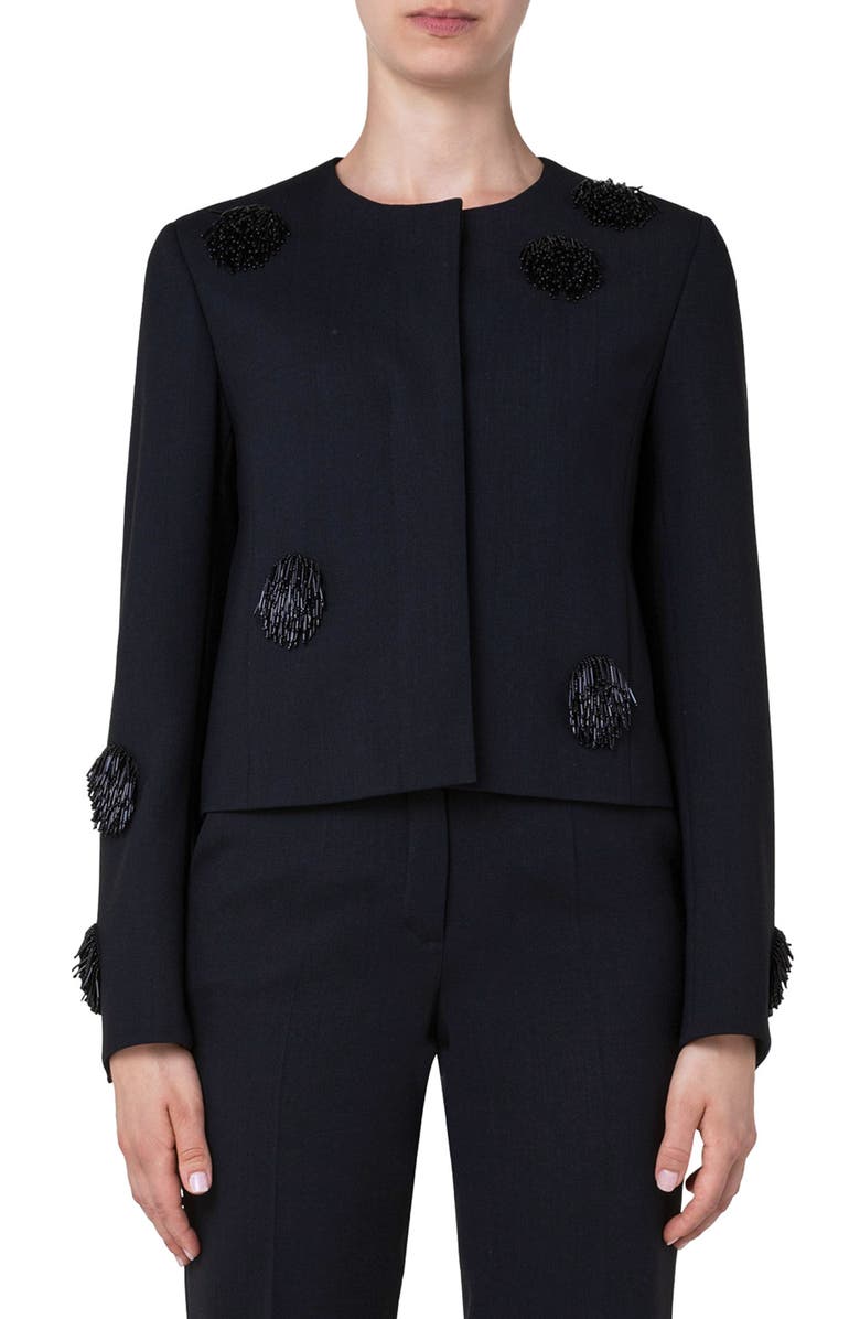 Wool Blend Crepe Crop Jacket with Beaded Tassel Dots