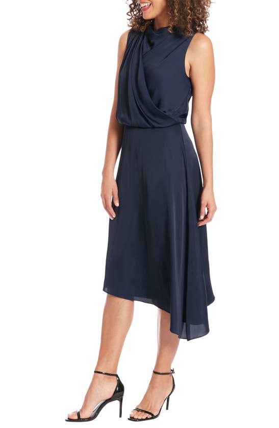 Shop Maggy London Pleated Blouson Asymmetric Dress In Navy