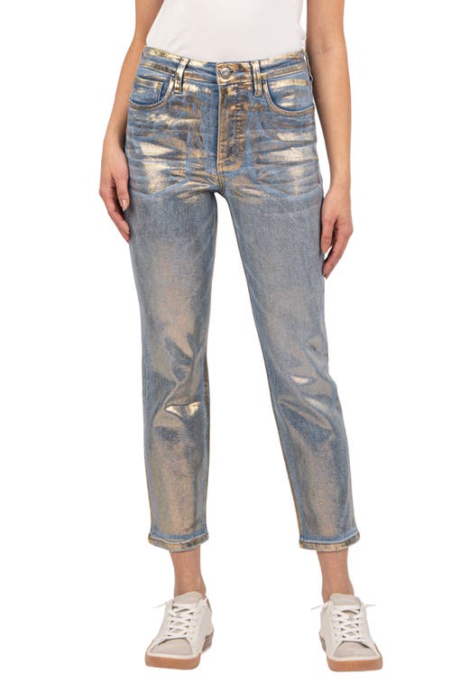 KUT from the Kloth Rachael Coated Fab Ab High Waist Crop Mom Jeans in Metallic Gold 