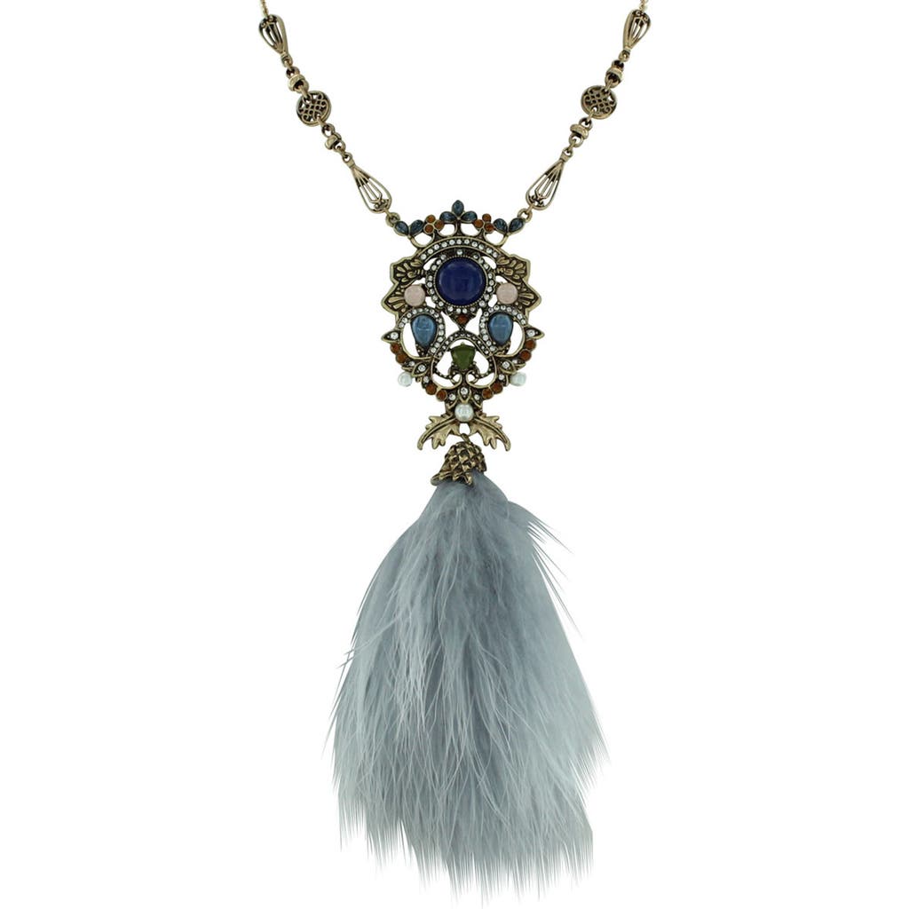 Shop Olivia Welles Bejeweled Imitation Pearl Pendant Feather Drop Necklace In Antique Gold/multi