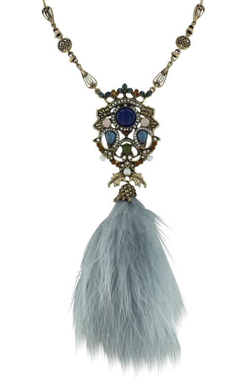 Shop Olivia Welles Bejeweled Imitation Pearl Pendant Feather Drop Necklace In Antique Gold/multi